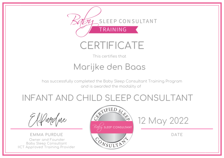Signed certifcation as a sleep consultant of Marijke den Baas